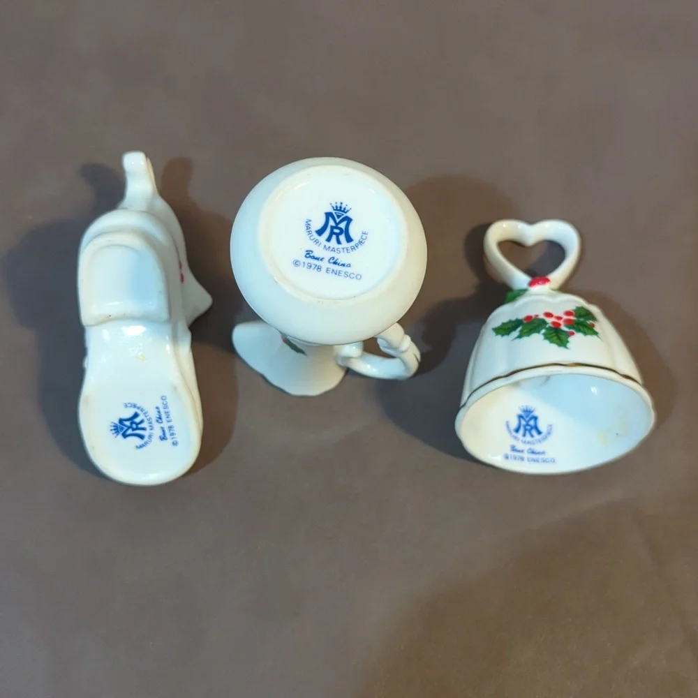 Vintage Miniature Enesco 1978 Maruri   masterpiece set of 3 Holly Bone China Pcs